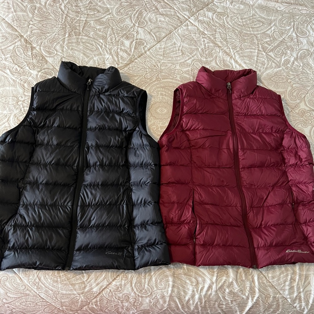 Eddie Bauer, Large, 2-set cirruslite down vests. 1 in Maroon, 1 in Black.